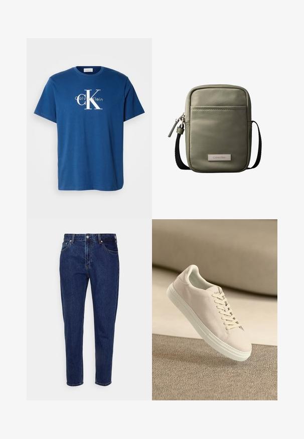 Blaues Baumwoll-T-Shirt mit rundem Ausschnitt, kurzen Ärmeln und einem weißen "CK"-Logo mit dem Text "Calvin Klein" in kontrastierendem Hellgrün darunter.; Dunkelblaue Jeans mit geradem Bein, vorderer Knopf- und Reißverschluss, Gürtelschlaufen sowie Vorder- und Gesäßtaschen.; Beige Wildleder-Sneaker mit weißer Sohle und Schnürsenkeln, die über einem strukturierten beigen Teppich vor einem sanften beigen Hintergrund schwebt.; Kompakte olivgrüne Umhängetasche mit Vordertasche, schwarzem verstellbarem Riemen, Reißverschluss und Calvin Klein Logo-Plakette.
