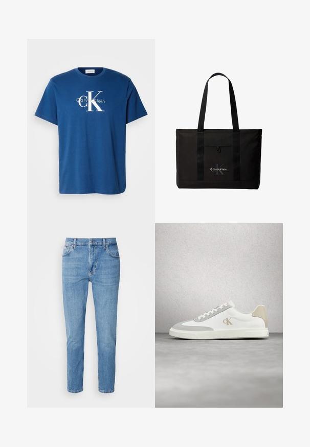 Sininen puuvillapaita, jossa on pyöreä pääntie, lyhyet hihat ja valkoinen "CK" -logo, jonka alla on kontrastivärinen vaaleanvihreä teksti "Calvin Klein".; Vaaleansiniset farkut suoran leikkauksen, viiden taskun muotoilun ja hienovaraisen haalistumisen kanssa. Varustettu napilla sulkeutuvalla vyötäröllä ja vyölenkeillä.; Valkoinen Calvin Kleinin tennari, jossa on beigejä mokkanahkaisia yksityiskohtia ja logo, kelluu sileän harmaan lattian yllä lasitiiliseinän edessä.; Musta Calvin Kleinin kangaskassi, jossa kaksi pitkää kahvaa ja etutasku, brändin logo valkoisena ja harmaana.