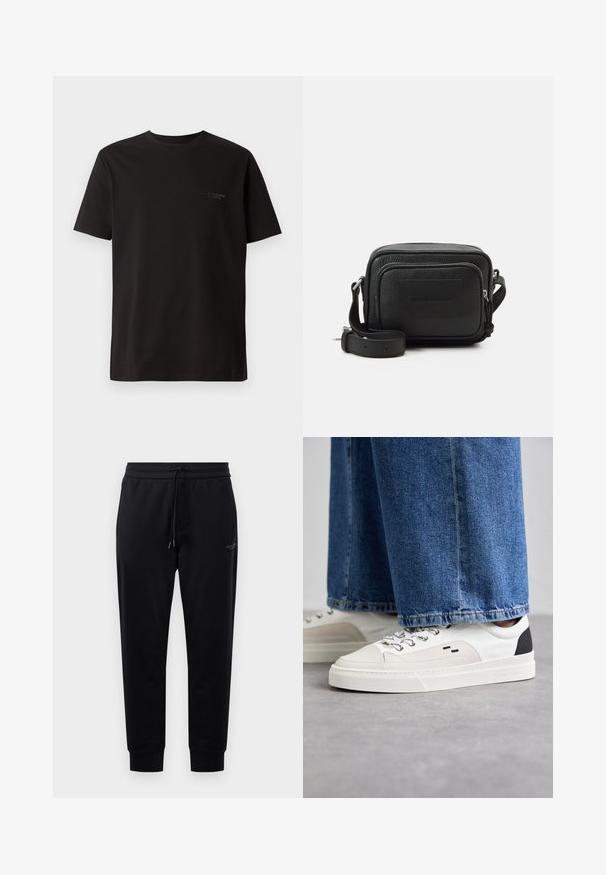 Sort kortærmet t-shirt lavet af bomuld. Har en rund halsudskæring og diskret branding på venstre brystområde. Glat tekstur.; Sorte sweatpants med snoretræk i taljen, sidelommer og ribbede manchetter. Fremstillet af blødt stof, med en diskret logo-detalje på låret.; Hvide og sorte sneakers med en glat læderoverdel, teksturerede detaljer og en kraftig hvid sål. Har et klassisk snørebåndsdesign.; Sort læder crossbody taske med en struktureret rektangulær form, tekstureret overflade, lomme med lynlås foran og justerbar strop. Brandlogo prægede.