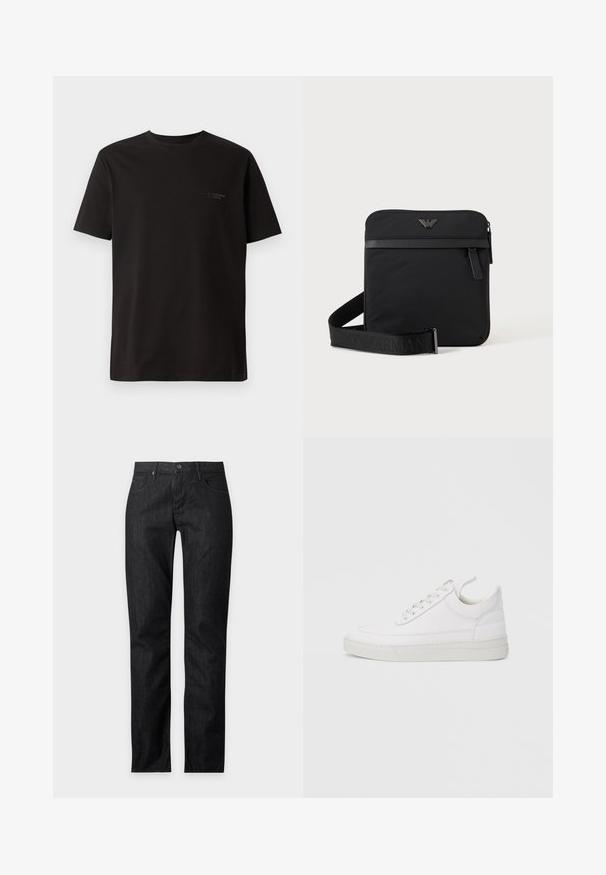 Schwarzes T-Shirt mit kurzen Ärmeln aus Baumwolle. Hat einen Rundhalsausschnitt und dezente Markenlogo auf der linken Brustseite. Glatte Textur.; Schwarze Jeans mit geradem Bein, Vordertaschen, Gürtelschlaufen und Knopfverschluss, vor einem schlichten hellen Hintergrund dargestellt.; Weißer Ledersneaker mit abgerundetem Zehenbereich, flacher Sohle und Schnürverschluss. Verfügt über Nahtdetails und einen gepolsterten Kragen für zusätzlichen Komfort.; Schwarze quadratische Schultertasche mit Reißverschluss, Vordertasche und verstellbarem Riemen mit eingeprägtem Markennamen.