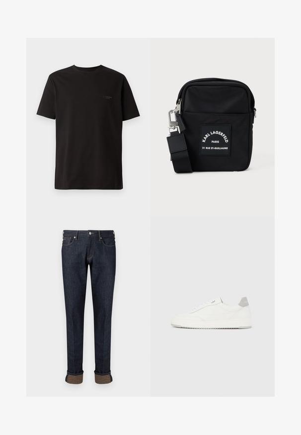 Camiseta negra de manga corta hecha de algodón. Presenta un cuello redondo y un sutil logo en el área del pecho izquierdo. Textura suave.; Vaqueros de mezclilla azul oscuro con diseño de pierna recta, que presentan un dobladillo vuelto y un detalle de tela de marca en color marrón claro en los puños.; Zapatilla blanca de corte bajo con pestaña en el talón gris, cordones blancos y suela texturizada, presentada sobre un fondo claro y liso.; Bolsa cruzada de nailon negra con forma rectangular, presenta una etiqueta en el parche frontal, herrajes plateados y una correa ajustable.