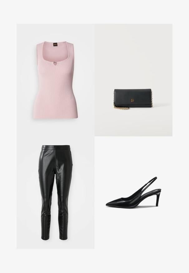 Top de tirantes de color rosa, con escote cuadrado, diseño sin mangas, tejido texturizado y pequeño logotipo decorativo en el centro.; Pantalones de cuero negro con un ajuste slim, con una textura suave y una cintura alta. Los detalles incluyen acentos en las rodillas para un diseño añadido.; Zapato de tacón alto tipo slingback de cuero negro con punta puntiaguda, tacón stiletto delgado y una tira estrecha alrededor del talón.; Bolso de mano negro de cuero con cadena dorada y pequeño logo dorado de Hugo en el frente sobre fondo blanco.