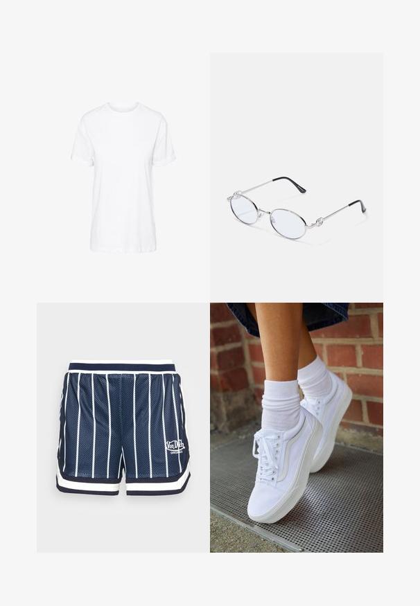Hvid bomulds t-shirt med korte ærmer, rund hals og en afslappet pasform, med en glat tekstur og uden synlige mønstre.; Marineblå mesh shorts med vertikale hvide striber, elastisk talje og hvidt kantbånd. Har et logo i hvidt på venstre ben.; Hvide lærreds sneakers med gummisåler, der har seks snørehuller, rund tå og let sømdetaljer, krydret med hvide ankelstrømper.; Sølvmetal ovale briller med klare linser, prydet med dekorative sideaccenter og sorte spidser på stængerne for bedre greb og komfort.