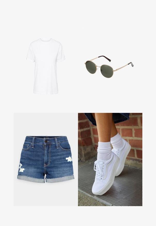 T-shirt en coton blanc avec des manches courtes, un col rond et une coupe décontractée, offrant une texture lisse et sans motifs visibles.; Shorts en denim bleu foncé avec des motifs usés et un ourlet roulé. Comprend des poches avant et arrière, avec une fermeture par bouton et zip.; Baskets en toile blanches avec semelles en caoutchouc, dotées de six œillets, d'un bout rond et de détails de couture légers, portées avec des chaussettes blanches mi-mollet.; Lunettes de soleil rondes avec des montures en métal doré et des verres vert foncé. Les branches présentent un design écaille de tortue pour un détail supplémentaire.