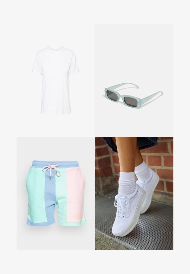 Hvid bomulds t-shirt med korte ærmer, rund hals og en afslappet pasform, med en glat tekstur og uden synlige mønstre.; Farverige sportsst shorts med strukturerede paneler i mintgrøn, pastelpink og blå. Elastisk talje med snøre og logo-detail.; Hvide lærreds sneakers med gummisåler, der har seks snørehuller, rund tå og let sømdetaljer, krydret med hvide ankelstrømper.; Et par rektangulære solbriller med lyseblå gennemsigtige stel og mørkegrå linser, der har lige templer og minimale hardware detaljer.