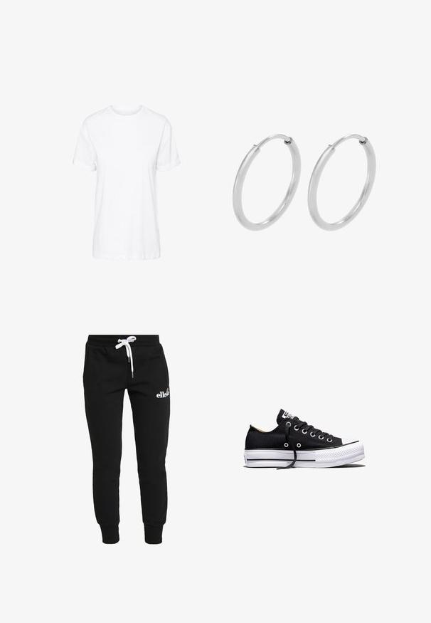 Weißes Baumwoll-T-Shirt mit kurzen Ärmeln, Rundhalsausschnitt und legerem Schnitt, mit glatter Textur und ohne sichtbare Muster.; Ellesse FRIVOLA JOGGER - Jogginghose - black; Schwarzer Canvas-Sneaker in Low-Top-Form mit weißer Gummisohle auf Plateau, schwarzen Schnürsenkeln und Metallösen vor weißem Hintergrund.; Silberne Creolen, kreisförmig, mit glatter, glänzender Oberfläche und gleichbleibender Breite. Minimalistisches Design ohne zusätzliche Akzente.