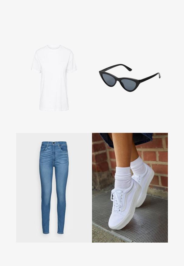 T-shirt en coton blanc avec des manches courtes, un col rond et une coupe décontractée, offrant une texture lisse et sans motifs visibles.; Jeans skinny en denim bleu avec une taille haute, cinq poches et une texture lisse. Comprend une fermeture à bouton classique et des passants de ceinture.; Baskets en toile blanches avec semelles en caoutchouc, dotées de six œillets, d'un bout rond et de détails de couture légers, portées avec des chaussettes blanches mi-mollet.; Lunettes de soleil noires en forme d'œil de chat avec des verres gris foncé, monture en plastique élégante, coins pointus et branches droites. Pas de métal visible ni d'accents.