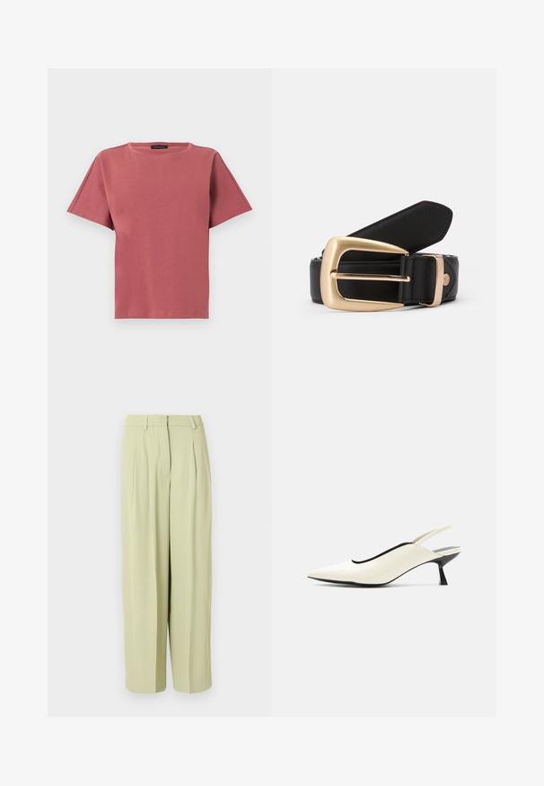 T-shirt rose poussière à manches courtes avec col rond, ourlet droit, coutures minimales et une petite étiquette de marque noire à l'intérieur de l'encolure.; Pantalon large taille haute beige clair avec plis, passants pour ceinture et fermeture éclair à l'avant.; Chaussure slingback pointue couleur crème avec petit talon noir style escarpin bas et finition en cuir lisse sur fond blanc.; Ceinture en cuir noir avec une boucle rectangulaire en or. La ceinture a une texture lisse et un subtil détail de couture le long des bords.
