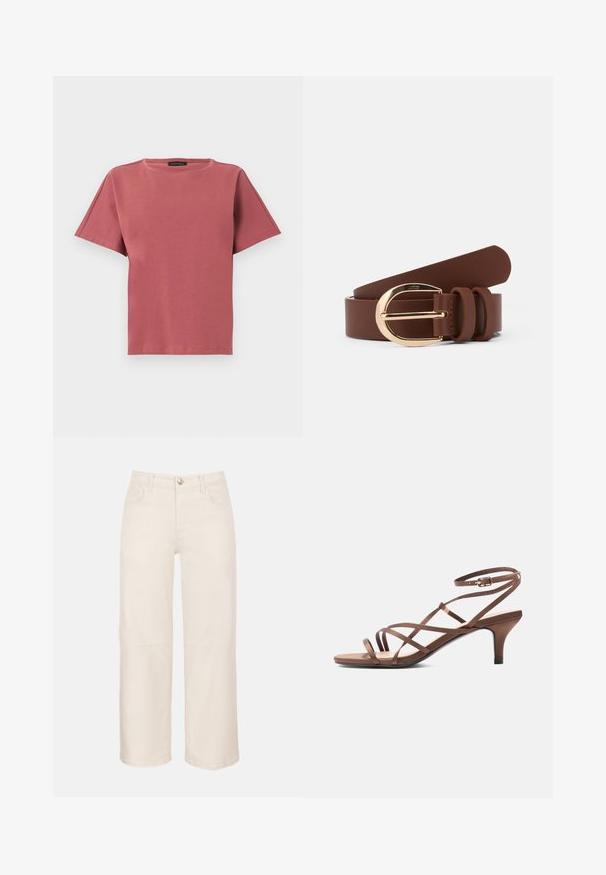 T-shirt rose poussière à manches courtes avec col rond, ourlet droit, coutures minimales et une petite étiquette de marque noire à l'intérieur de l'encolure.; Pantalon court taille haute à jambes larges en écru avec bouton et fermeture éclair devant, passants pour ceinture, poches avant et arrière.; Sandale marron à fines brides, boucle à la cheville et talon de hauteur moyenne, vue de côté sur fond blanc.; Ceinture en cuir marron avec une boucle dorée brillante et deux passants en cuir. Texture lisse, design plat et extrémités arrondies.