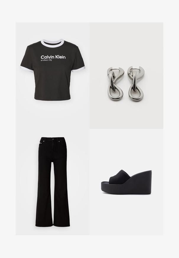 Lyhyt ja musta t-paita, jossa valkoinen kaulus ja hihan korostukset. Tässä on painettuna valkoisella "Calvin Klein" ja "endless city". Pehmeää puuvillamateriaalia.; Mustat farkut, joissa on leveä lahje ja korkea vyötärö, vetoketjulla ja napilla kiinnitys, sivutaskut ja hienovaraiset metalliosat.; Musta korotettu kiilapohjasandaali, jossa on suljettu kangaspäällinen ja korkea, tukeva pohja vaaleaa yksinkertaista taustaa vasten.; Pari hopeanvärisiä metallikorvakoruja, joissa on abstrakti toisiinsa kietoutuva lenkkimuoto valkoisella taustalla.