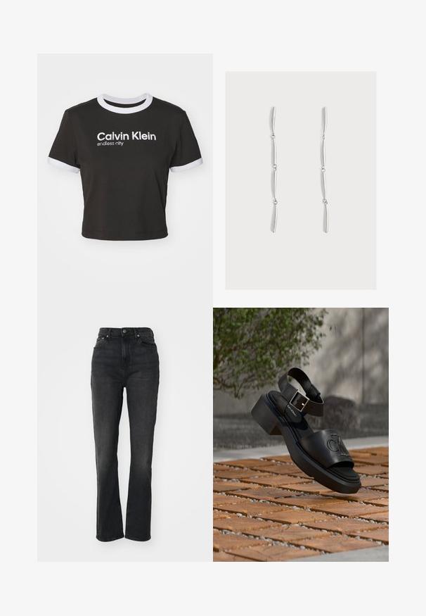 Lühendatud must T-särk valge rippuva kaelaosa ja varrukate aktsentidega. Esipinnal on valget värvi trükk "Calvin Klein" ja "endless city". Pehme puuvillane materjal.; Kõrge vöökohaga mustad denimid, sirgete jalgadega, viie tasku disainiga, ees nupu kinnitusega ja minimaalsete õmbluste detailidega.; Mustast nahast Calvin Kleini sandaal, millel on pahkluu rihm ja pandel, hõljumas puust ja kivist plaatidega kaetud välipinnal.; Pikad hõbedased tilga-kujulised kõrvarõngad, millel on neli saledat, kergelt kõverdunud ühendatud segmenti, valgel taustal.