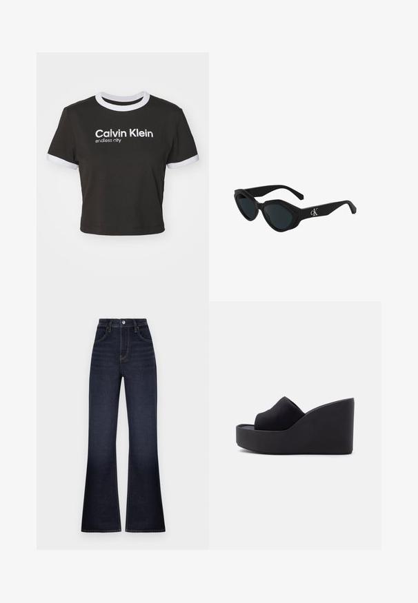 Camiseta negra recortada con el cuello y las mangas en blanco. Presenta "Calvin Klein" y "ciudad infinita" impresos en blanco. Material de algodón suave.; Jeans de mezclilla de campana en azul oscuro. De cintura alta, con bolsillos estándar y cierre de botón. Presenta costuras en contraste a lo largo de las costuras.; Sandalia tipo cuña de plataforma negra con parte superior de tela de punta cerrada y suela alta y sólida sobre un fondo claro y liso.; Gafas de sol negras con forma de ojo de gato, acabado brillante, lentes oscuros y un logo "cK" en la patilla. Diseño angular y montura gruesa.