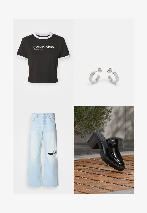 Kortgesneden zwart T-shirt met witte ringer halslijn en mouwaccenten. Bevat de tekst "Calvin Klein" en "endless city" in het wit. Gemaakt van zacht katoen.; Lichtblauwe wijde jeans van denim, met een hoge taille, grote scheuren bij de knieën en een klassieke vijf-pocket stijl met koperen details.; Zwarte leren Calvin Klein slip-on mule met blokhak rustend op houten tegels buiten, vlak bij een groene plant en een grijze muur.; Zilveren metalen hoepel oorbellen met een gestructureerd ontwerp, voorzien van een kleine post achter en branding op een van de hoepels. Ronde vorm met een gepolijste afwerking.