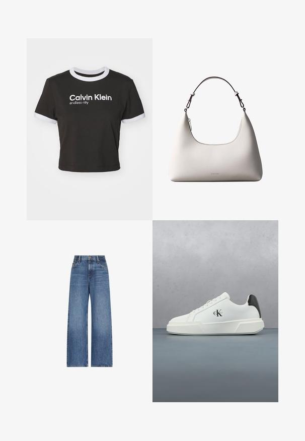 Afskærmet sort T-shirt med hvid ringer ved halsudskæringen og ærmefinesser. Har "Calvin Klein" og "endless city" trykt i hvidt. Blødt bomuldsstof.; Blå høj talje vidde-ben denim jeans med forreste knap og lynlås, bæltestropper og klassisk fem-lomme design.; Hvid lavtop snickersko med sort hældetalje og CK-logo, svævende over en træbloksti med grus i et udendørs miljø.; Cremefarvet skuldertaske i læder fra Calvin Klein med buet topkant, sølvfarvet lynlås og mørkebrun justerbar rem.