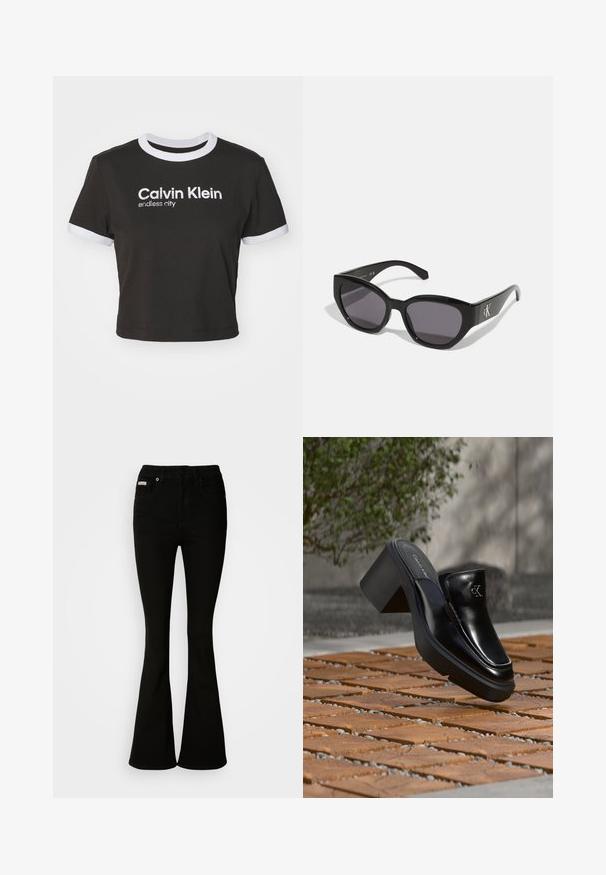 Camiseta negra recortada con el cuello y las mangas en blanco. Presenta "Calvin Klein" y "ciudad infinita" impresos en blanco. Material de algodón suave.; Jeans negros acampanados con una cintura ajustada, hechos de denim suave. Presenta dos bolsillos frontales y un cierre clásico de botón y cremallera.; Mule tipo slip-on de cuero negro de Calvin Klein con tacón de bloque descansando sobre baldosas de madera al aire libre cerca de una planta verde y una pared gris.; Gafas de sol negras con un diseño elegante y angular, lentes oscuros y un logo plateado en contraste en el lateral. Textura de plástico suave.