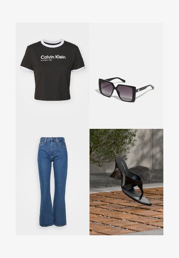 Camiseta negra recortada con el cuello y las mangas en blanco. Presenta "Calvin Klein" y "ciudad infinita" impresos en blanco. Material de algodón suave.; Vaqueros de mezclilla azul de cintura alta con forma acampanada, diseño clásico de cinco bolsillos y ligero desgaste, con una cinturilla resistente y botón de metal.; Sandalia negra de tacón tipo tanga de Calvin Klein flotando sobre una superficie exterior de azulejos, con vegetación y una pared de hormigón al fondo.; Gafas de sol cuadradas negras con lentes degradados grises. Montura brillante con líneas elegantes. Acento de logo plateado en las patillas.