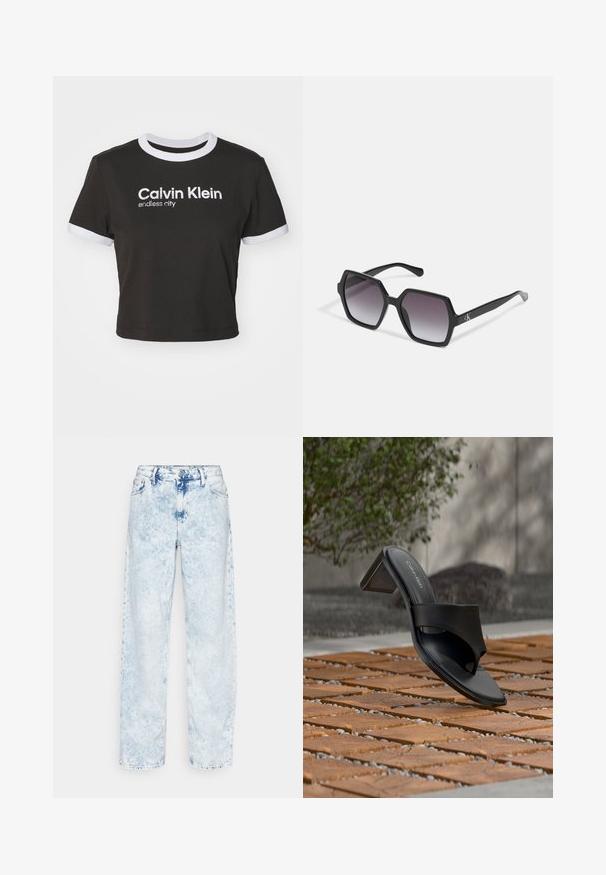 Κομμένο μαύρο T-shirt με λευκό ριγέ λαιμό και λεπτομέρειες μανικιών. Φέρει το λογότυπο "Calvin Klein" και την φράση "endless city" εκτυπωμένα σε λευκό. Μαλακό βαμβακερό υλικό.; Calvin Klein Jeans 90'S STRAIGHT - Straight leg jeans - denim light; Μαύρο πέδιλο Calvin Klein με τακούνι και θηλιά για τα δάχτυλα σε ξύλινο δάπεδο, σε εξωτερικό χώρο κοντά σε δέντρο και πέτρινο τοίχο.; Μαύρα εξάγωνα γυαλιά ηλίου με γκρι διαβαθμισμένα φακούς, που διαθέτουν γυαλιστερή επιφάνεια και διακριτική σήμανση στον βραχίονα. Κατασκευή από ανθεκτικό πλαστικό.