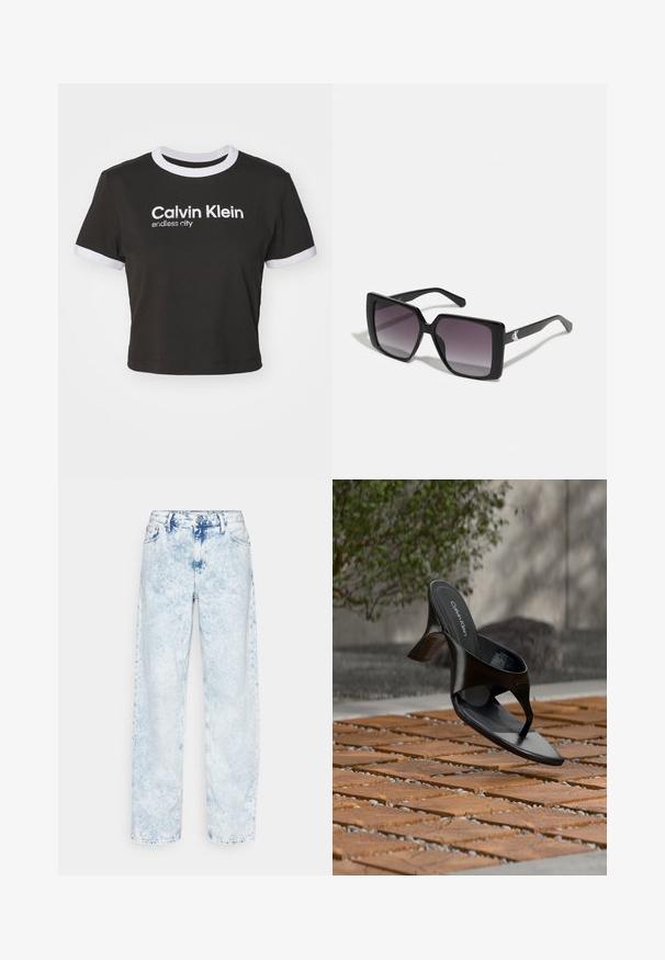 Gekürztes schwarzes T-Shirt mit weißem Ringkragen und Ärmelakzenten. Mit "Calvin Klein" und "endless city" in Weiß bedruckt. Aus weichem Baumwollmaterial.; Calvin Klein Jeans 90'S STRAIGHT - Jeans Straight Leg - denim light; Schwarze Calvin Klein Riemchensandale mit Absatz, schwebend über einer gefliesten Außenfläche mit Grünpflanzen und einer Betonwand im Hintergrund.; Schwarze quadratische Sonnenbrillen mit grauen Verlaufslinsen. Glänzende Rahmen mit klaren Linien. Silbernes Logo-Detail an den Schläfen.