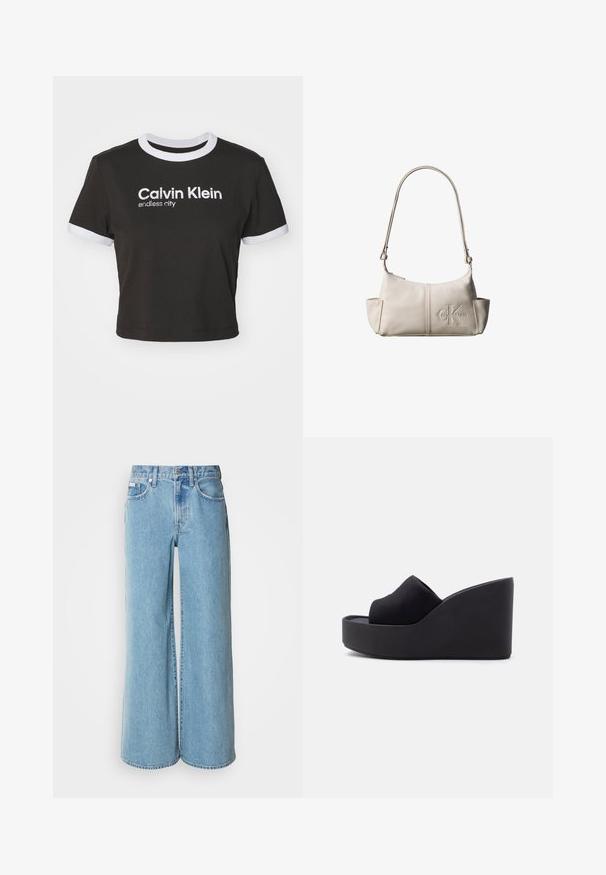 Camiseta negra recortada con el cuello y las mangas en blanco. Presenta "Calvin Klein" y "ciudad infinita" impresos en blanco. Material de algodón suave.; Jeans de mezclilla de corte ancho en un tono azul claro, con cintura alta, diseño de cinco bolsillos y un ligero desgastado en la tela.; Sandalia tipo cuña de plataforma negra con parte superior de tela de punta cerrada y suela alta y sólida sobre un fondo claro y liso.; Pequeña bolsa de hombro de cuero beige con correa ajustable y logotipo de Calvin Klein en relieve en el centro delantero.