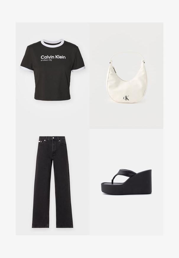 Camiseta negra recortada con el cuello y las mangas en blanco. Presenta "Calvin Klein" y "ciudad infinita" impresos en blanco. Material de algodón suave.; Jeans anchos de mezclilla negros, con cintura alta, cinco bolsillos y cierre de botón metálico con costuras contrastantes.; Sandalia negra de cuña con plataforma, con una amplia correa en forma de tira y suela elevada, diseñada para uso casual.; Pequeño bolso blanco en forma de media luna con correa corta, cierre de cremallera y logo negro "cK" en el frente.