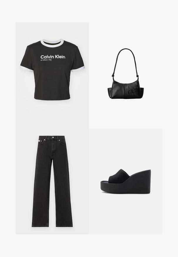 Κομμένο μαύρο T-shirt με λευκό ριγέ λαιμό και λεπτομέρειες μανικιών. Φέρει το λογότυπο "Calvin Klein" και την φράση "endless city" εκτυπωμένα σε λευκό. Μαλακό βαμβακερό υλικό.; Μαύρο τζιν παντελόνι φαρδιάς γραμμής από τζιν, με ψηλή μέση, πέντε τσέπες και κούμπωμα με μεταλλικό κουμπί, καθώς και αντίθετη ραφή.; Μαύρο πλατφόρμας σάνδαλο με ψηλό πλατφόρμα και κλειστή μύτη από ύφασμα, με ψηλή, σταθερή σόλα σε απλό ανοιχτό φόντο.; Μαύρη δερμάτινη τσάντα ώμου με μακρύ λουράκι, πλαϊνές θήκες και ανάγλυφο λογότυπο Calvin Klein στο μπροστινό μέρος.