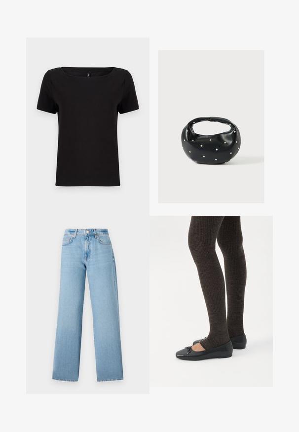 Camiseta negra de manga corta con escote cuadrado, fabricada en suave tela de algodón, que presenta un diseño minimalista y un corte regular.; Jeans de pernera ancha de color azul claro, confeccionados en denim, con una cintura alta, diseño de cinco bolsillos y cierre de botón con cremallera.; Piernas con leggings oscuros acanalados combinados con bailarinas negras que presentan pequeños detalles de lazo sobre un fondo blanco.; Bolso de mano de cuero negro con forma redondeada, decorado con detalles de tachuelas plateadas y un asa corta. Textura lisa y cierre con cremallera.