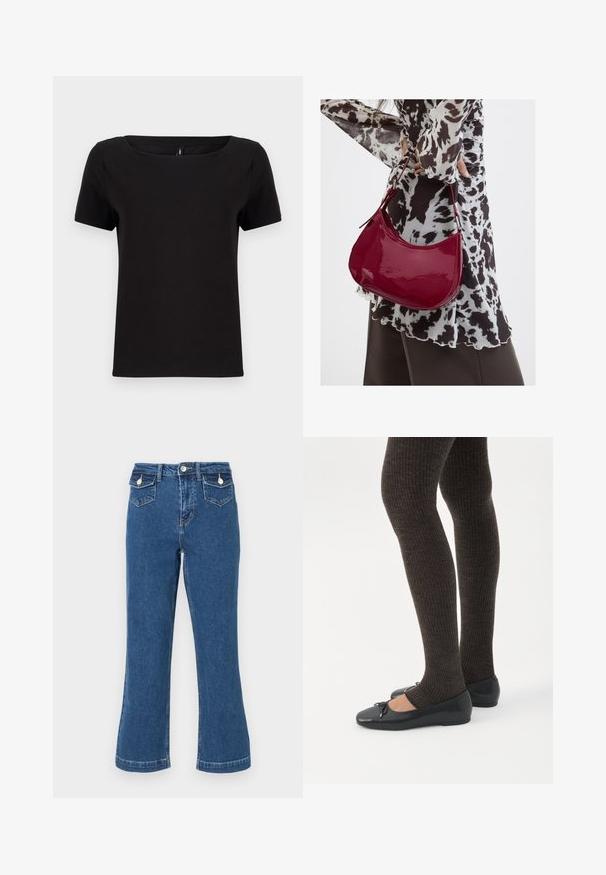 Sort t-shirt med korte ærmer og firkantet halsudskæring, lavet af blødt bomuldsstof, med et minimalistisk design og en almindelig pasform.; Højtaljede, vidde blå jeans i denim med syninger, to forlommer og lukning med knap. Blød tekstur, standard længde.; Ben iført mørke ribbede leggings kombineret med sorte balletsko med små sløjfedetaljer på hvid baggrund.; Kvinde iført en sort- og hvidmønstret bluse, der holder en blank rød skuldertaske mod en ensfarvet baggrund.
