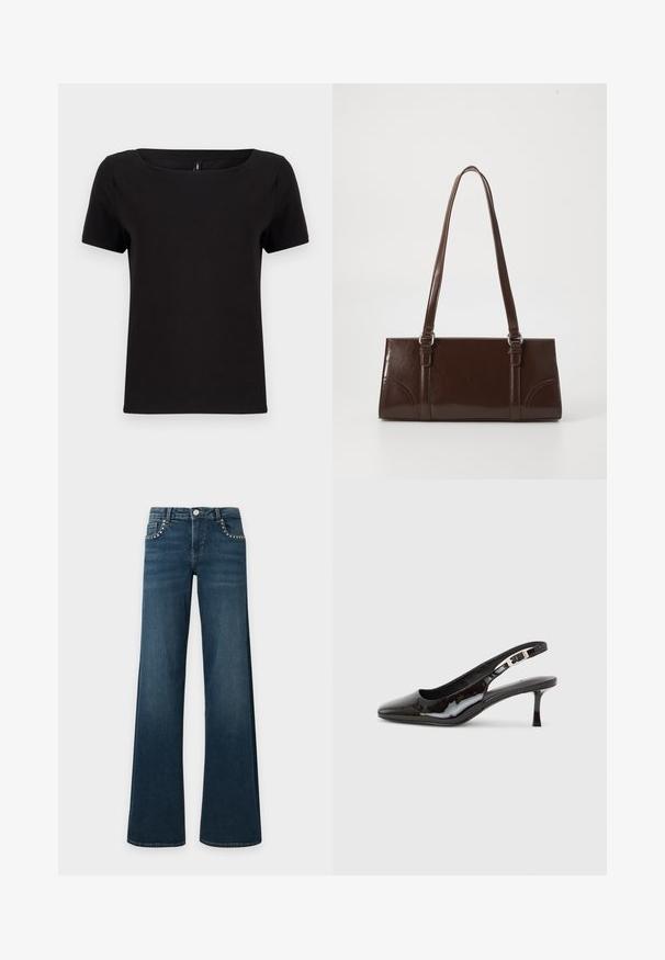 Schwarzes kurzärmeliges T-Shirt mit quadratischem Ausschnitt, aus weichem Baumwollstoff, mit minimalistischen Design und normaler Passform.; Dunkelblaue Schlagjeans mit silbernen Nieten an den Vordertaschen, Knopfverschluss und Gürtelschlaufen, flach auf weißem Hintergrund liegend.; Schwarzer Slingback-Schuh aus Lackleder mit spitzer Zehenpartie, silberner Schnalle und mittelhohem Kitten-Heel auf hellem einfarbigem Hintergrund.; Braune Lackleder-Handtasche in rechteckiger Form, mit zwei langen Griffen und subtilen, geschwungenen Akzenten auf der Vorderseite.