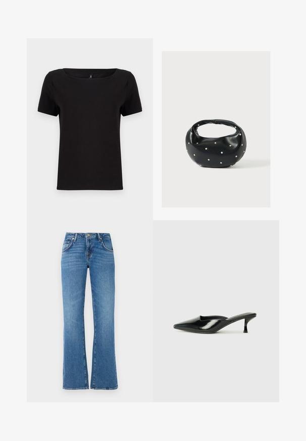 Camiseta negra de manga corta con escote cuadrado, fabricada en suave tela de algodón, que presenta un diseño minimalista y un corte regular.; Vaqueros de mezclilla azul claro con un diseño de pierna acampanada, que cuentan con cinco bolsillos, un cierre de botón y cremallera, y patrones sutiles de desgaste.; Mulas de charol negro con punta afilada, tacón bajo tipo kitten y lados curvados, con acabado brillante y diseño minimalista.; Bolso de mano de cuero negro con forma redondeada, decorado con detalles de tachuelas plateadas y un asa corta. Textura lisa y cierre con cremallera.