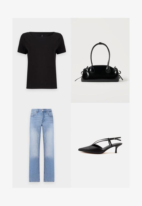 Schwarzes kurzärmeliges T-Shirt mit quadratischem Ausschnitt, aus weichem Baumwollstoff, mit minimalistischen Design und normaler Passform.; Hellblaue Denim-Jeans mit geradem Bein, ausgestattet mit einer ausgeblichenen Waschung im unteren Bereich und klassischem Fünf-Taschen-Design.; Schwarzer Leder-Kitten-Heel mit spitzer Schuhspitze, dünnem Knöchelriemen und Schnalle, Slingback-Design, auf hellem einfarbigem Hintergrund.; Kleine schwarze glänzende Handtasche mit zwei langen Griffen und seitlichen Kordelzug-Details vor einfachem hellem Hintergrund.