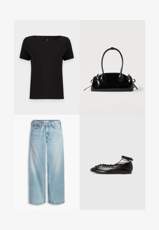 Camiseta negra de manga corta con escote cuadrado, fabricada en suave tela de algodón, que presenta un diseño minimalista y un corte regular.; Jeans de mezclilla de pierna ancha en un azul claro, con cintura alta, cierre de botón y dobladillo deshilachado. Costuras visibles y bolsillos.; Zapatos planos tipo ballet de charol negro con punta redondeada, diseño con cordones y suela plana. Textura lisa con detalles mínimos.; Pequeño bolso negro brillante con dos asas largas y detalles de cordón lateral sobre un fondo claro liso.