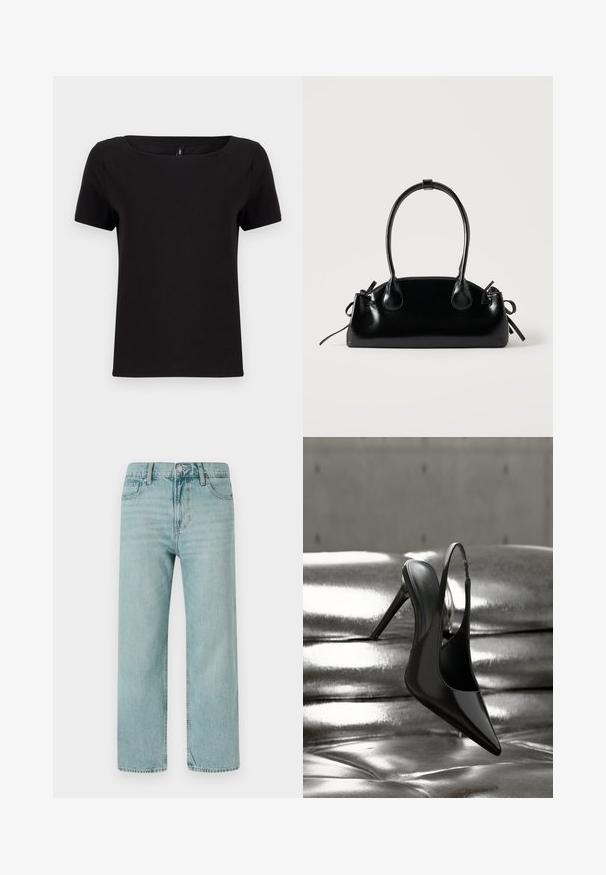 Schwarzes kurzärmeliges T-Shirt mit quadratischem Ausschnitt, aus weichem Baumwollstoff, mit minimalistischen Design und normaler Passform.; Hellblaue weit geschnittene Jeans aus Denim, mit einem klassischen Fünf-Taschen-Design, klaren Linien und einem regulären Bund mit Knopfverschluss.; Glänzender schwarzer Slingback-Pumps mit hohem Absatz, balanciert auf einer glänzenden silbernen metallischen, gepolsterten Oberfläche mit glatter Textur.; Kleine schwarze glänzende Handtasche mit zwei langen Griffen und seitlichen Kordelzug-Details vor einfachem hellem Hintergrund.