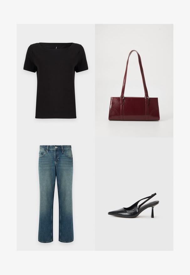 Schwarzes kurzärmeliges T-Shirt mit quadratischem Ausschnitt, aus weichem Baumwollstoff, mit minimalistischen Design und normaler Passform.; Blaue Jeans aus Denim mit geradem Schnitt, mittlerer Bundhöhe, fünf Taschen und dezentem Used-Look. Mit Knopfverschluss und Gürtelschlaufen.; Schwarzer Leder Slingback High Heel Schuh mit spitzer Zehenpartie und schmalem Absatz auf einem weißen Hintergrund.; Burgunderfarbene Handtasche aus glänzendem Material, rechteckige Form, mit zwei Schulterriemen und subtilen, geschwungenen Akzenten an der Vorderseite.