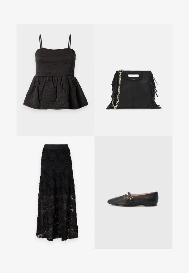 Mustat peplum-toppi säädettävillä spagettiolkainilla, teksturoitu kangas, jossa on kiehkuroitunut kuvio ja kerätty alareuna volyymia varten.; Maje JOSINO - Maksihame - noir; Musta nahkainen litteä kenkä, jossa on teräväkärkinen kärki ja kaksi mustaa remmiä, joissa kullanväriset metallikoristeet. Sileä pinta ja matala korko.; Musta nahkakäekott, millel on frantsiisidetailid, kuldne õlgade rihm ja lõikega käepide. Ees on logo paigutus.