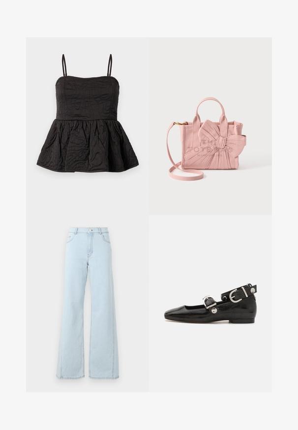 Top peplum noir avec bretelles spaghetti réglables, tissu texturé présentant un design tourbillonnant et un ourlet froncé pour plus de volume.; Des jeans en denim bleu clair à taille haute, à jambes larges, avec des poches avant et des détails de couture visibles sur les coutures et l'ourlet.; Ballerine en cuir verni noir avec un bout carré, sangle de cheville avec des détails en métal argenté et semelle plate. Texture lisse avec un design minimaliste.; Petit sac à main rose avec deux poignées courtes, une bandoulière amovible et un grand nœud décoratif sur le devant.