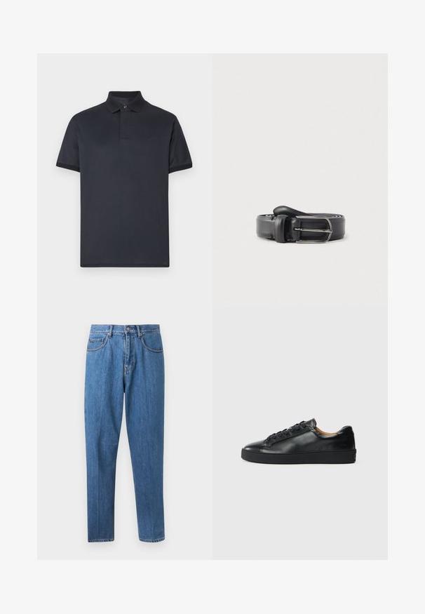 Marineblauw poloshirt gemaakt van glad katoen. Heeft een klassieke kraag, korte mouwen en een subtiel logo op de borst.; Blauwe rechte spijkerbroek met knoop- en ritssluiting, voorzakken en riemlussen, afgebeeld tegen een witte achtergrond.; Zwarte leren sneaker met een gladde textuur, ronde neus en vetersluiting. Heeft een dikke rubberen zool en minimale merkaanpassing.; Zwarte leren riem met een gladde textuur, voorzien van een zilveren metalen gesp en lus, ontworpen in een klassieke, smalle vorm.