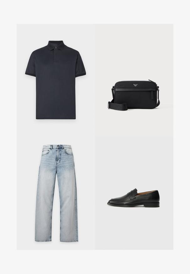 Marineblauw poloshirt gemaakt van glad katoen. Heeft een klassieke kraag, korte mouwen en een subtiel logo op de borst.; Lichtblauwe gewassen denim jeans met rechte pijpen, klassiek ontwerp met vijf zakken en knoopsluiting in de taille.; Zwarte leren instapper met een ronde neus, subtiele stikdetails en een lage hak, met een gladde textuur en een minimalistisch ontwerp.; Zwarte rechthoekige crossbodytas met voorvak met rits, verstelbare schouderriem en klein metalen logo bovenaan in het midden.