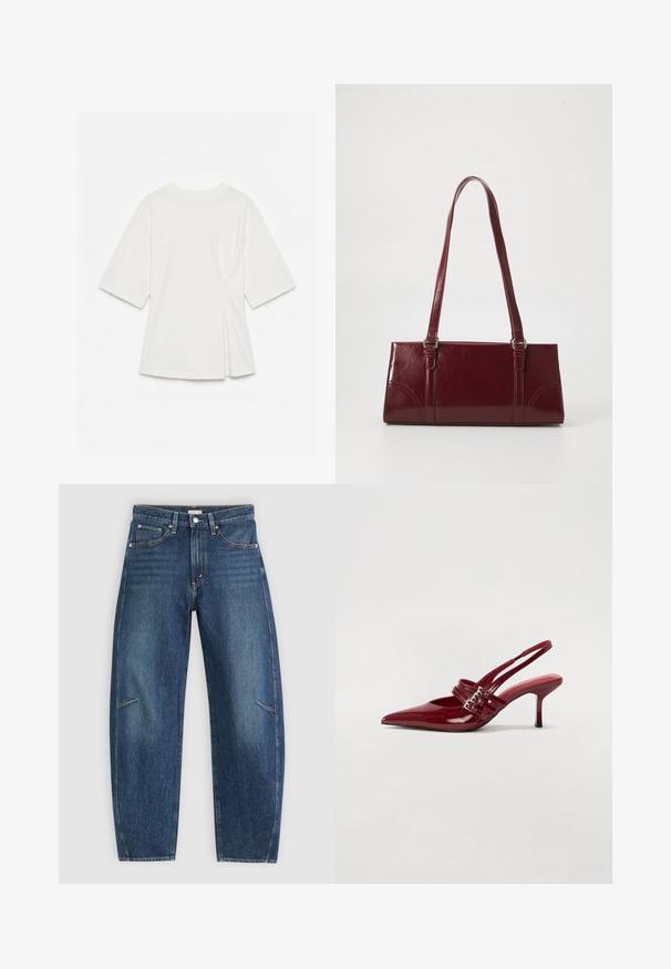 T-shirt blanc à manches courtes et col rond avec un détail discret de pli sur le côté droit, présenté à plat sur un fond blanc.; Jean en denim bleu foncé avec une coupe droite, dotés de poches avant, de surpiqûres contrastées et d'une texture légèrement délavée sur les jambes.; Escarpins slingback en cuir verni rouge avec un bout pointu, deux brides à boucle et un talon aiguette slim de hauteur intermédiaire. Texture lisse.; Sac à main bordeaux en matériau brillant, de forme rectangulaire, avec deux anses et des accents légèrement courbés à l'avant.