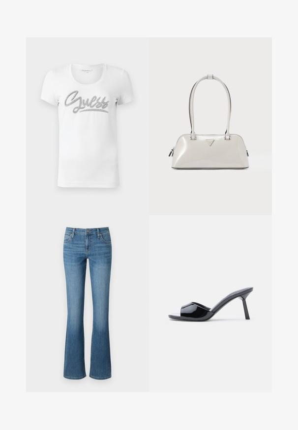 T-shirt blanc à manches courtes et col rond, avec "Guess" écrit en cursive en lettres argentées brillantes sur la poitrine.; Jean évasé en denim de couleur bleue, avec une taille haute, cinq poches et un léger dégradé au niveau de la cuisse, accompagné de coutures cousues.; Sandales à talons ouverts en cuir verni noir, avec un design supérieur incurvé et un talon aiguille effilé. Finition lisse et brillante.; Sac à main gris clair brillant de forme arrondie, avec deux poignées et un logo triangulaire. Il dispose d'une fermeture éclair et de détails métalliques.