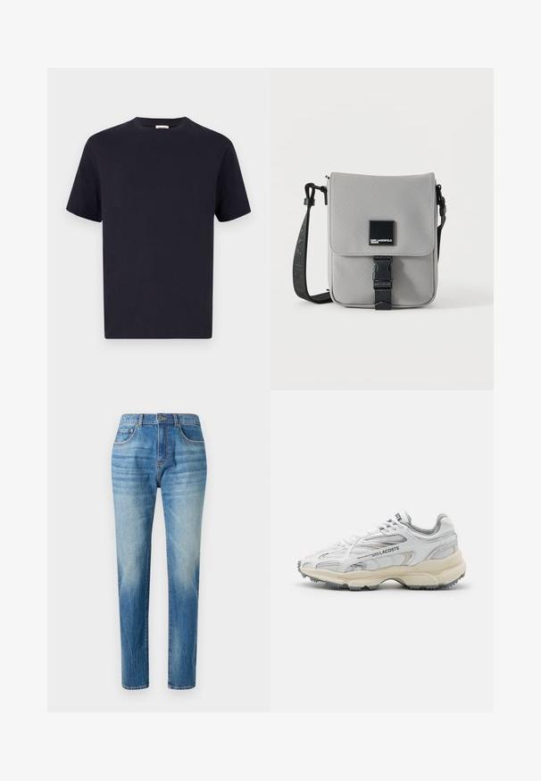 Navy blauwe katoenen T-shirt met een ronde hals, korte mouwen en een relaxte pasvorm; gladde textuur; geen zichtbare patronen of hardware.; Lichtblauwe denim jeans met een rechte pijp, voorzien van een hoge taille, subtiele vervaging en klassieke vijf-pocket stijl. Metalen knoopsluiting.; Witte sportieve schoenen met grijze accenten, bovenwerk van mesh en synthetisch materiaal, vetersluiting en een geprofileerde rubberen zool met looppatronen.; Grijze crossbodytas met zwarte verstelbare band, voorflap beveiligd met een zwarte gesp, met een vierkante Karl Lagerfeld Jeans logo patch.