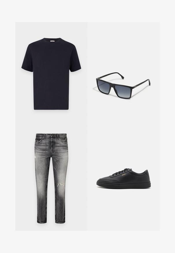 Navy blauwe katoenen T-shirt met een ronde hals, korte mouwen en een relaxte pasvorm; gladde textuur; geen zichtbare patronen of hardware.; Versleten zwarte denim jeans met een rechte snit, voorzien van beschadigde plekken, voorzakken en een klassieke knoopsluiting.; Zwarte leren sneakers met een gladde textuur, ronde neus, platte rubberen zool en tonale veters. Kenmerkt zich door de gouden "BOSS" branding aan de zijkant.; Zwarte rechthoekige zonnebril met een vervaagde tint van donker naar licht op de glazen. Plastic montuur met een slank ontwerp en minimale hardware-details aan de zijkanten.