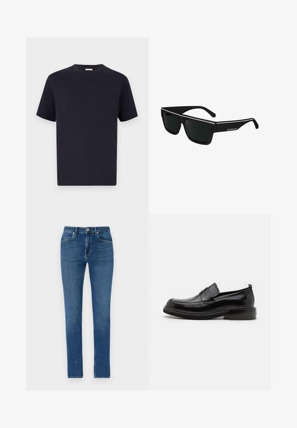 Navy blauwe katoenen T-shirt met een ronde hals, korte mouwen en een relaxte pasvorm; gladde textuur; geen zichtbare patronen of hardware.; Donkerblauwe spijkerbroek met een rechte pasvorm, vijf zakken, een sluiting met een knoop aan de voorkant en subtiele stikseldetails. Gladde textuur, geen versieringen.; Calvin Klein MOCCASIN - Zakelijke loafers - black; Calvin Klein Jeans Zonnebril - black