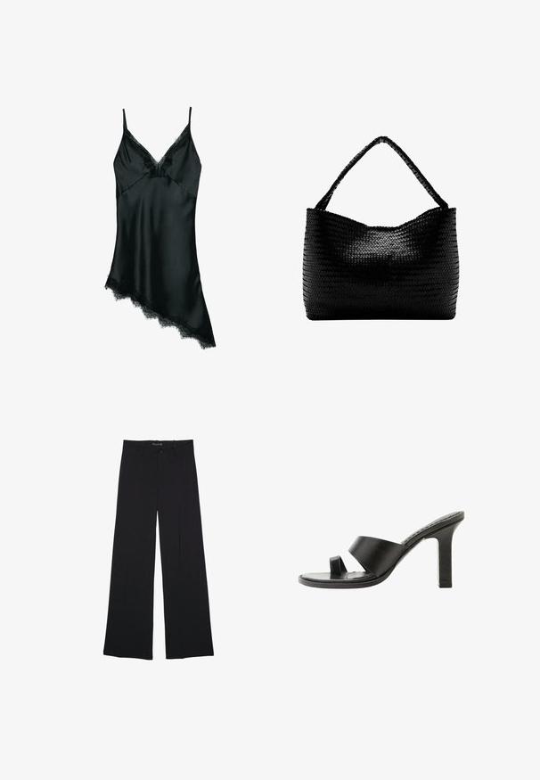 Camisole en satin noir avec fines bretelles, encolure en V et détails en dentelle le long du décolleté et de l'ourlet asymétrique. Texture lisse, design élégant.; Pantalon noir à jambes larges avec passants de ceinture, bouton frontal et fermeture éclair, étalé à plat sur un fond blanc.; Sandale noire à talon haut avec une large bride sur le pied et une boucle pour l’orteil, vue de côté sur fond blanc.; Sac à main tissé noir avec une anse unique tressée, forme rectangulaire et surface texturée brillante.