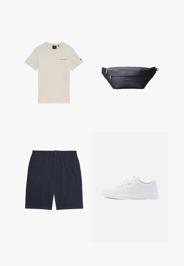 Beige bomulds t-shirt med rund hals, korte ærmer og et lille "LYLE & SCOTT" logo trykt på brystet. Har et broderet logo på ærmet.; Marineblå herre-casual shorts med knaplukning, bæltestropper og sidelommer, lagt fladt på en hvid baggrund.; Hvide lædersneakers med glat tekstur, rund tå og ton-i-ton syning. Har blå snørebånd og et gult logo på siden.; Sort læder Calvind Klein bæltetaske med to lynlåslommer og justerbar rem med metalspænde.
