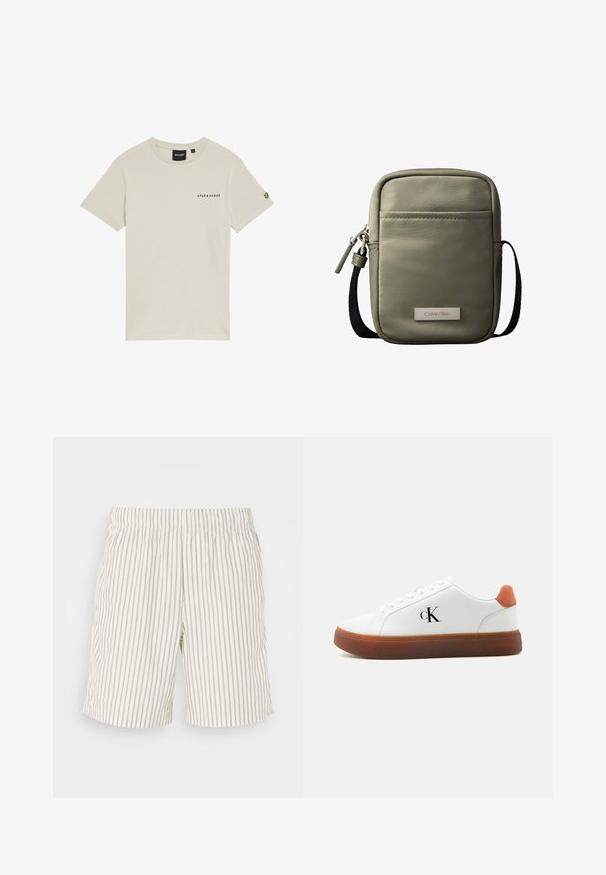 Beige bomulds t-shirt med rund hals, korte ærmer og et lille "LYLE & SCOTT" logo trykt på brystet. Har et broderet logo på ærmet.; Stribede shorts i et let og åndbart stof. Farven er off-white med tynde, lodrette grå striber. Elastisk talje.; Hvid lavt snøresneaker med brun sål, orange hælstrop, snørebånd og "cK" logo på siden.; Kompakt korsbodytaske i olivengrøn med forlomme, sort justerbar rem, lynlåslukning og Calvin Klein logo-plakette.