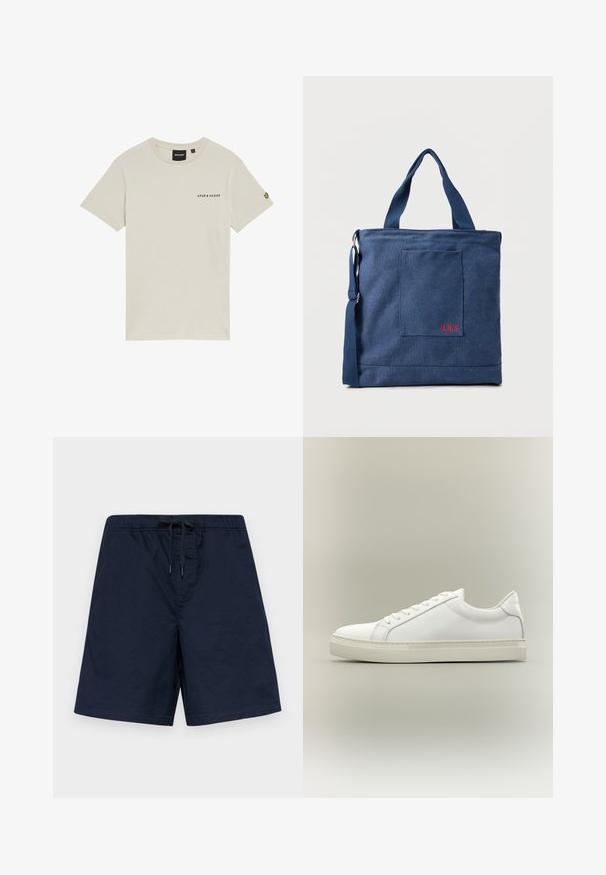 Camiseta de algodón beige con cuello redondo, mangas cortas y un pequeño logo "LYLE & SCOTT" impreso en el pecho. Presenta un logo bordado en la manga.; Bañadores azul marino con cintura elástica y cordón ajustable. Tejido ligero con una textura suave y sin patrones ni adornos visibles.; Zapatilla blanca de perfil bajo con cordones en la parte delantera y suela gruesa, mostrada de lado sobre un fondo neutro.; Bolso tote de lona azul con bolsillo frontal y bordado rojo "O.N.S", con asas dobles y una correa ajustable para el hombro.