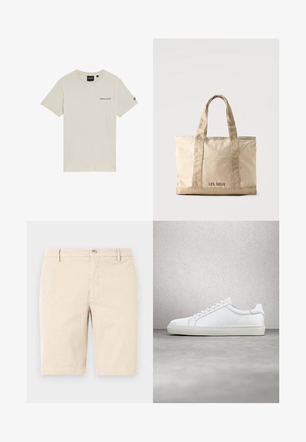 Beige bomulds t-shirt med rund hals, korte ærmer og et lille "LYLE & SCOTT" logo trykt på brystet. Har et broderet logo på ærmet.; Beige bomuldsshorts med flad front, lynlås og knaplukning, samt sidelommer. Glat tekstur og knælangt design.; Hvide sneakers med en glat læderoverdel og lav profil. Har en rund tå, seks snørehuller og en tekstureret gummisål.; Beige lærredstaske med to håndtag og en forlommer, "LES DEUX" broderet på lommen.