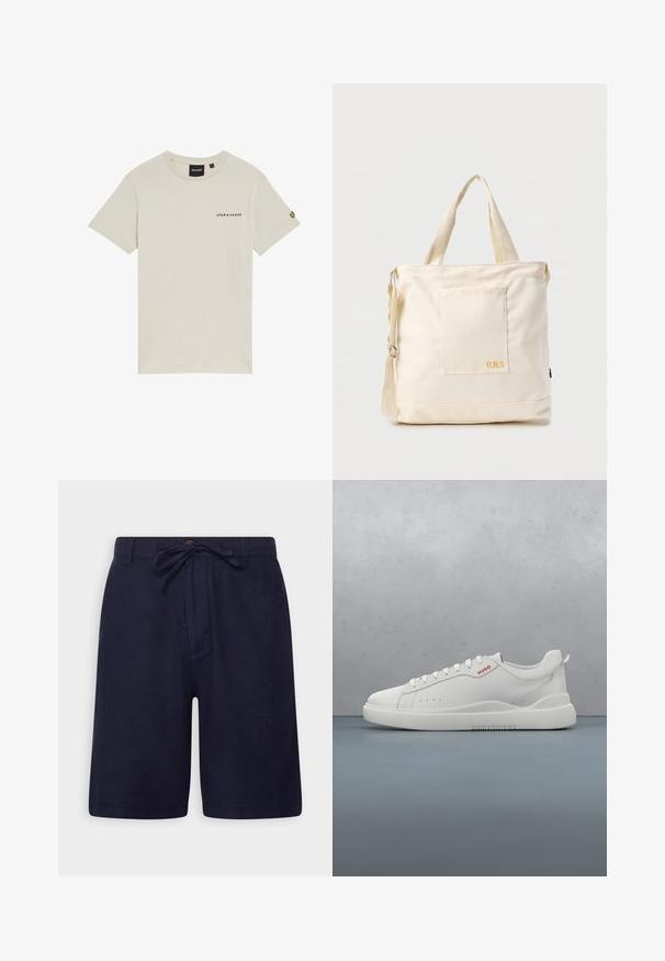 Beige bomulds t-shirt med rund hals, korte ærmer og et lille "LYLE & SCOTT" logo trykt på brystet. Har et broderet logo på ærmet.; Marineblå shorts lavet af et let materiale, med elastisk talje, knaplukning og sidelommer. Glat tekstur og skræddersyet pasform.; Hvide sneakers med en glat læderfinish, rund tå, fire snørehuller, subtile perforeringer og en rød logo detalje på siden.; Kremfarvet lærredstote-taske med frontlomme, to håndtag, justerbar skulderrem og lille gul "O.N.S" tekst i nederste højre hjørne af lommen.