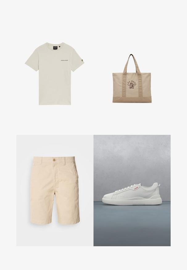 Beige katoenen t-shirt met een ronde hals, korte mouwen en een klein "LYLE & SCOTT" logo gedrukt op de borst. Heeft een geborduurd logo op de mouw.; Beige katoenen shorts met een sluiting aan de voorkant, zijzakken en een rechte snit. Gladde textuur met schone stikdetails.; Witte sneaker met een gladde leren afwerking, ronde neus, vier veterogen, subtiele perforaties en een rood logo detail aan de zijkant.; Beige canvas tas met twee handvatten en de tekst ""LES DEUX"" en logo gedrukt in donkerbruin midden voorop.