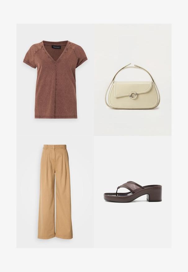 T-shirt marron à manches courtes avec col en V, coutures visibles et une étiquette noire "ANNA FIELD" à l'intérieur du col.; Pantalons à jambe large en coton beige, avec des plis à la taille, une taille haute et une texture lisse. Pas de matériel visible ni de motifs.; Sandale marron à talon avec lanière en mesh et design en tige, dotée d'un talon bloc et d'une semelle cousue, présentée de profil sur fond blanc.; Sac à main en cuir crème avec rabat incurvé, fermoir circulaire en argent et poignée courte sur le dessus, sur fond blanc uni.